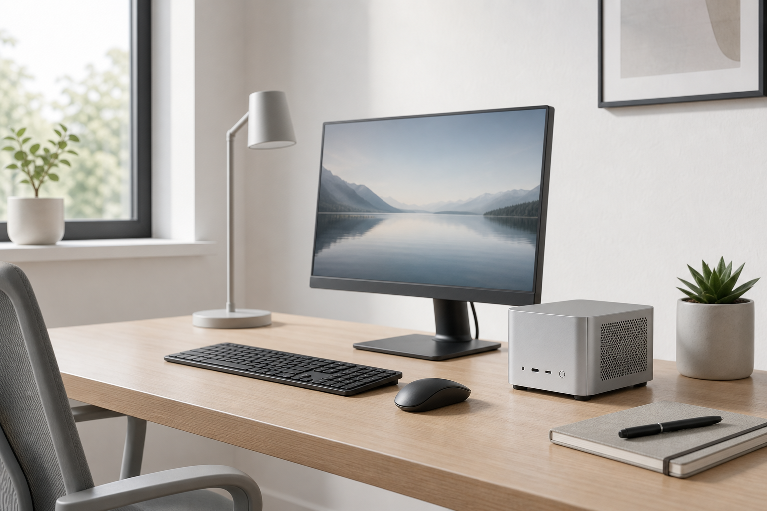 Postazione minimale con PC compatto su una scrivania