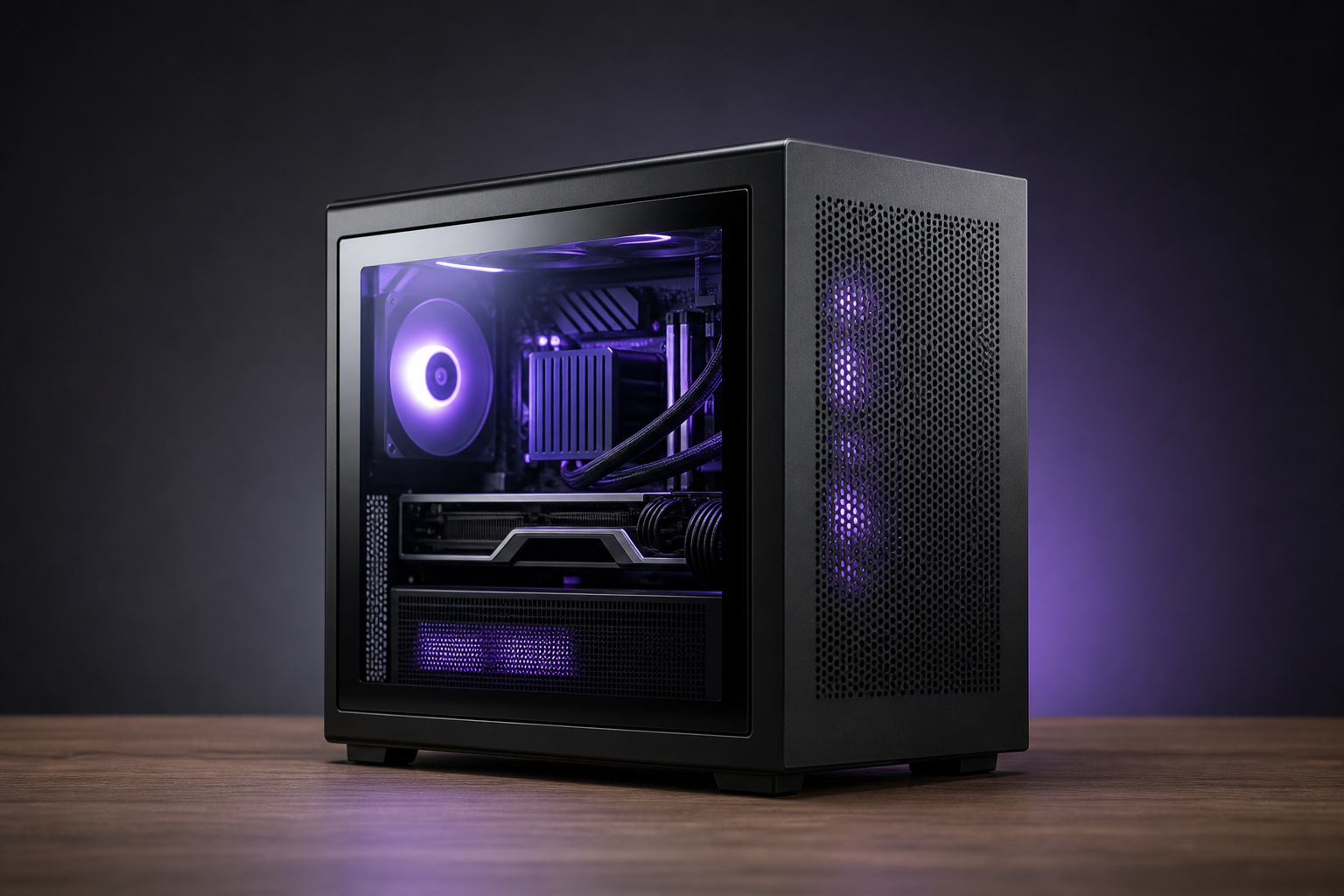 PC mini-ITX compatto con illuminazione viola